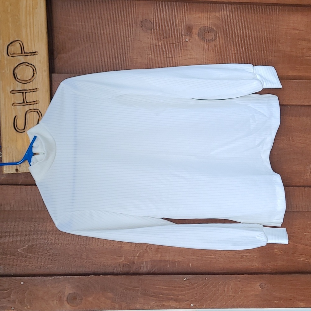 Vintage White Ribbed Mock Neck Long Sleeve, Bradley, Zip Back